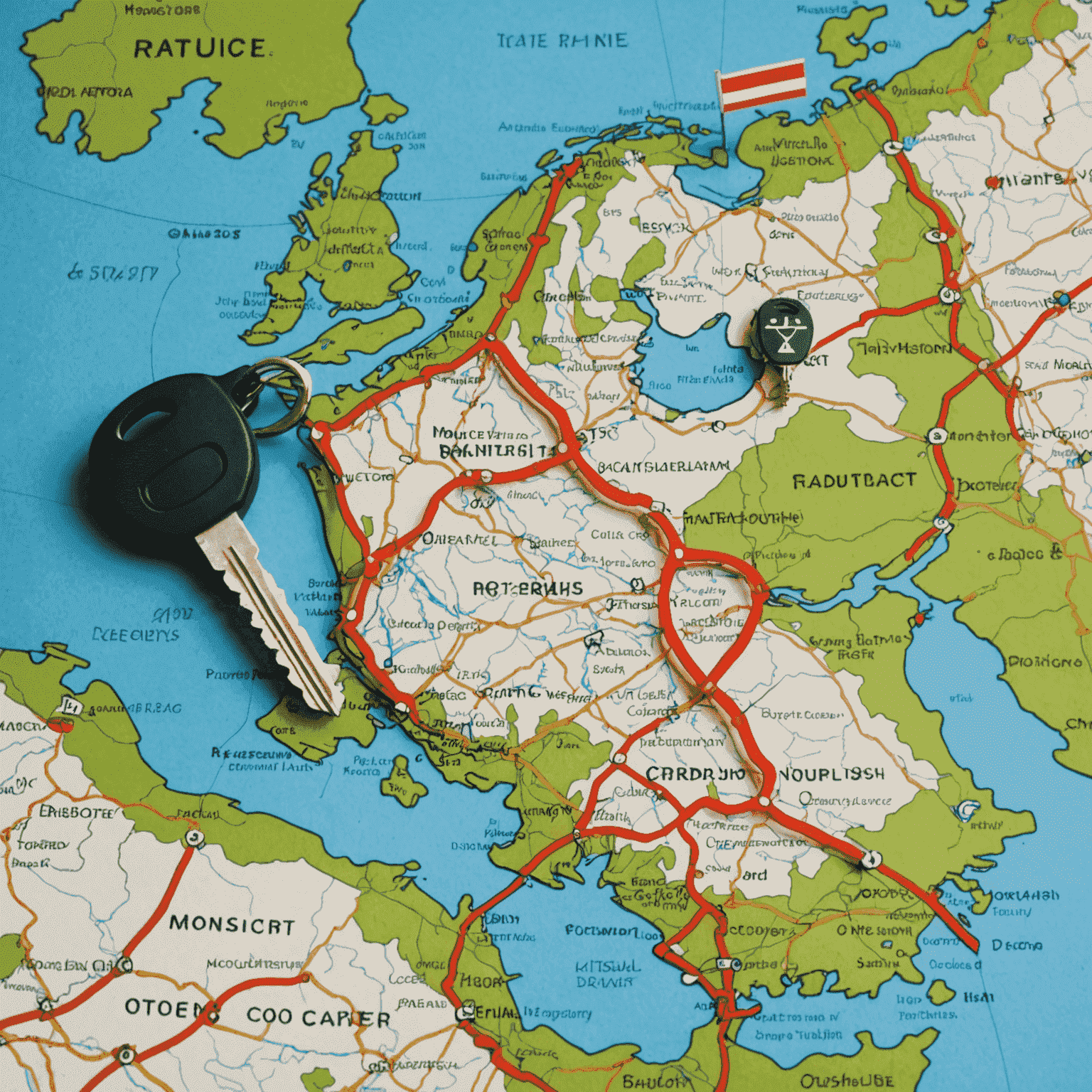 Een kaart van Nederland met een geplande route en een autosleutel erop, die een roadtrip voorstelt