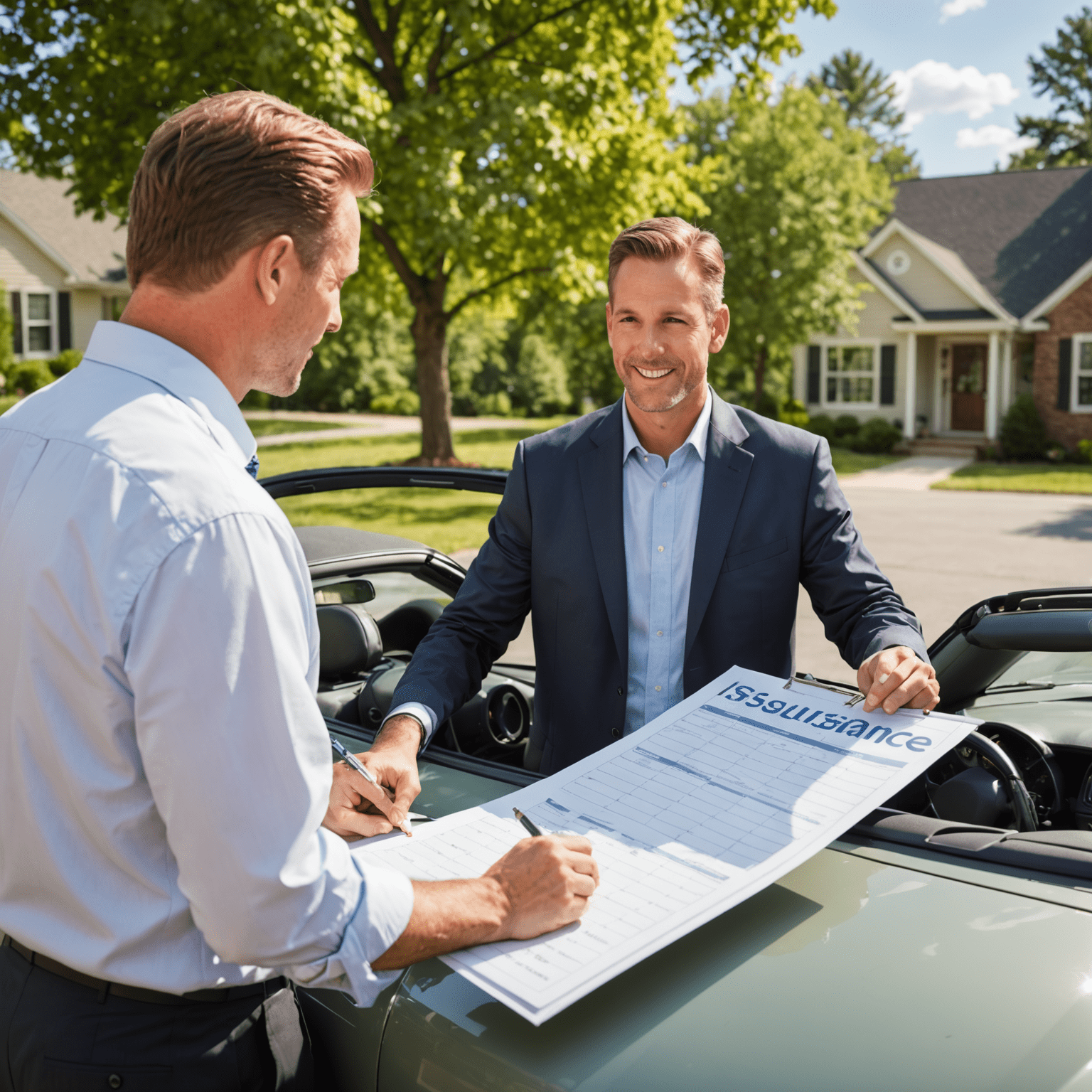 Een verzekeringsagent die een seizoensverzekeringspolis uitlegt aan een cabriolet eigenaar, met op de achtergrond een kalender die de zomermaanden benadrukt