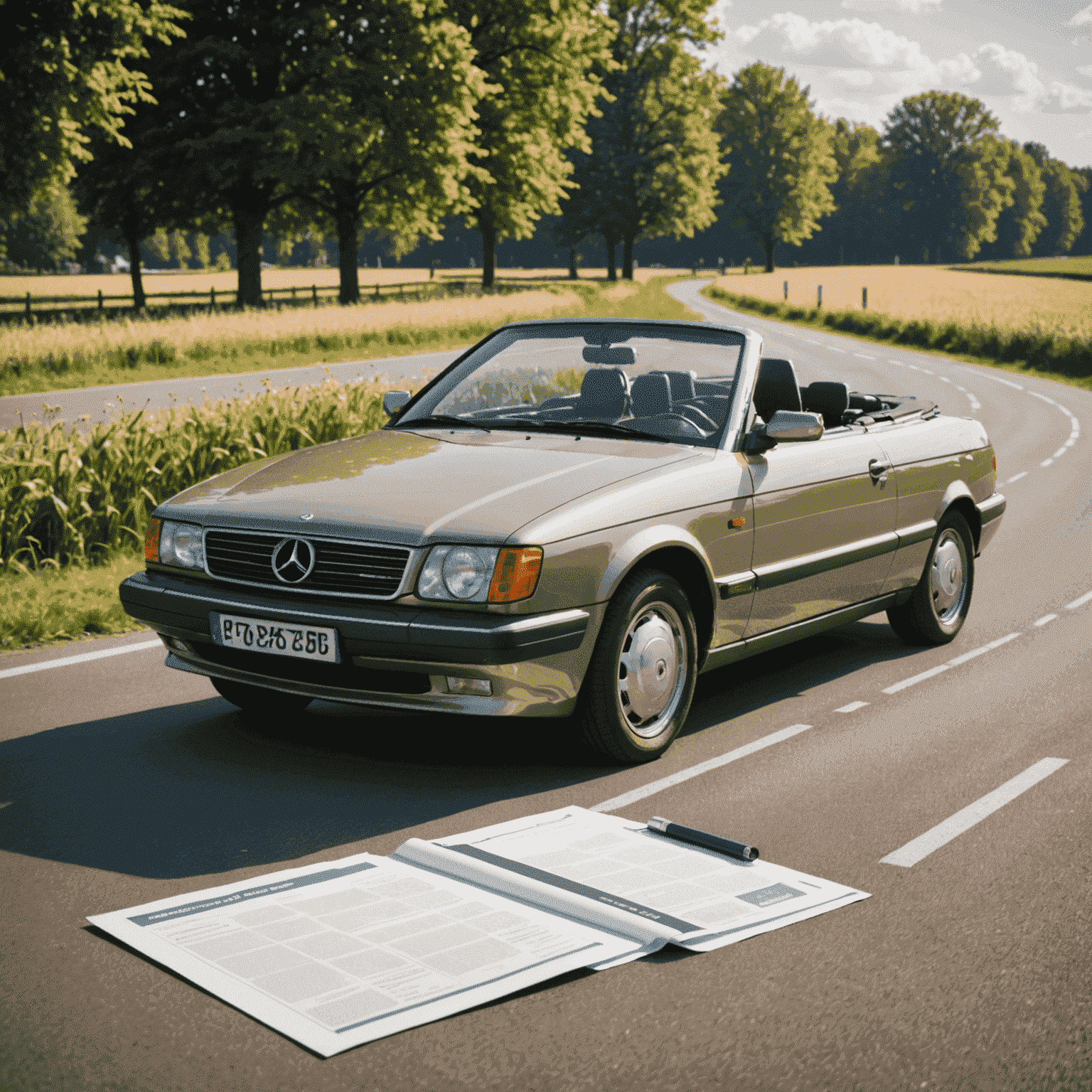 Een glanzende cabriolet auto op een zonnige Nederlandse weg, met verzekeringspapieren op de voorgrond