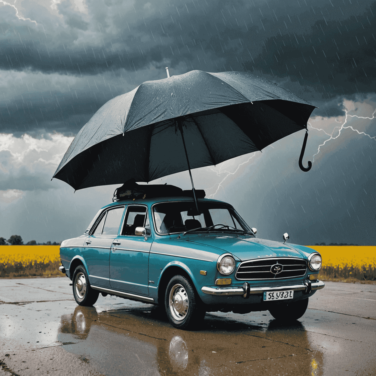 Een auto beschermd door een paraplu tegen zomerse elementen zoals zon, hagel en onweer, die bescherming tegen zomerse gevaren symboliseert